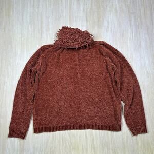 Lumiere Rust Brown Fringed Turtleneck Cozy Boho Knit Pullover Fall Sweater Large